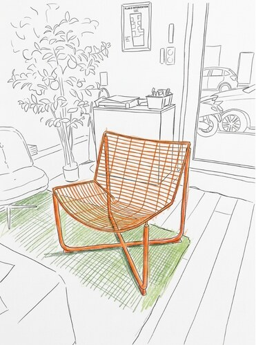 Le fauteuil orange de l'agence, croquis au crayon