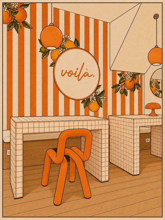 L'intérieur illustré de l'agence : murs rayés, enseigne voilà et chaise orange