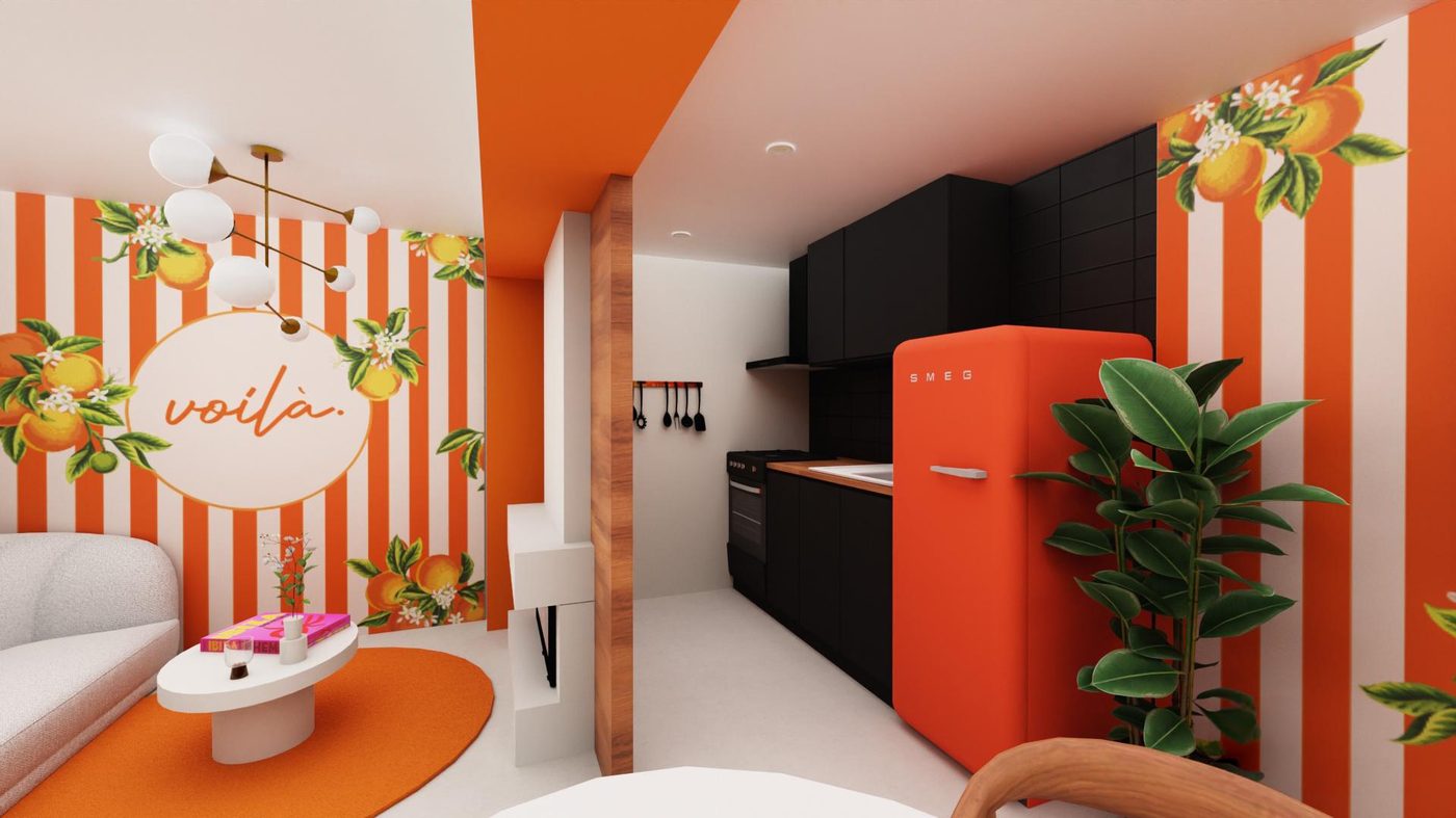 La cuisine de l'agence — frigo SMEG orange et rayures mandarines