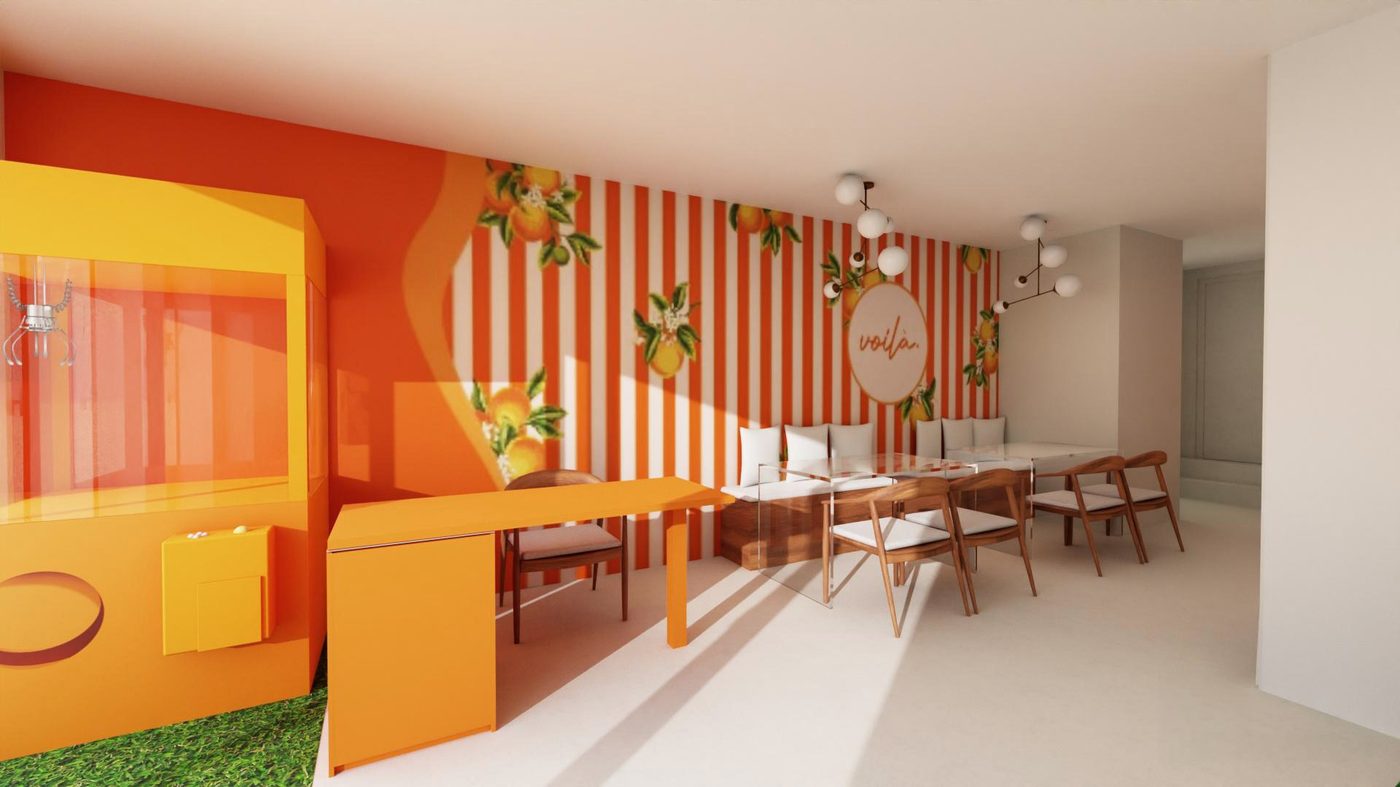 L'atelier, banquette rayée et machine à pince