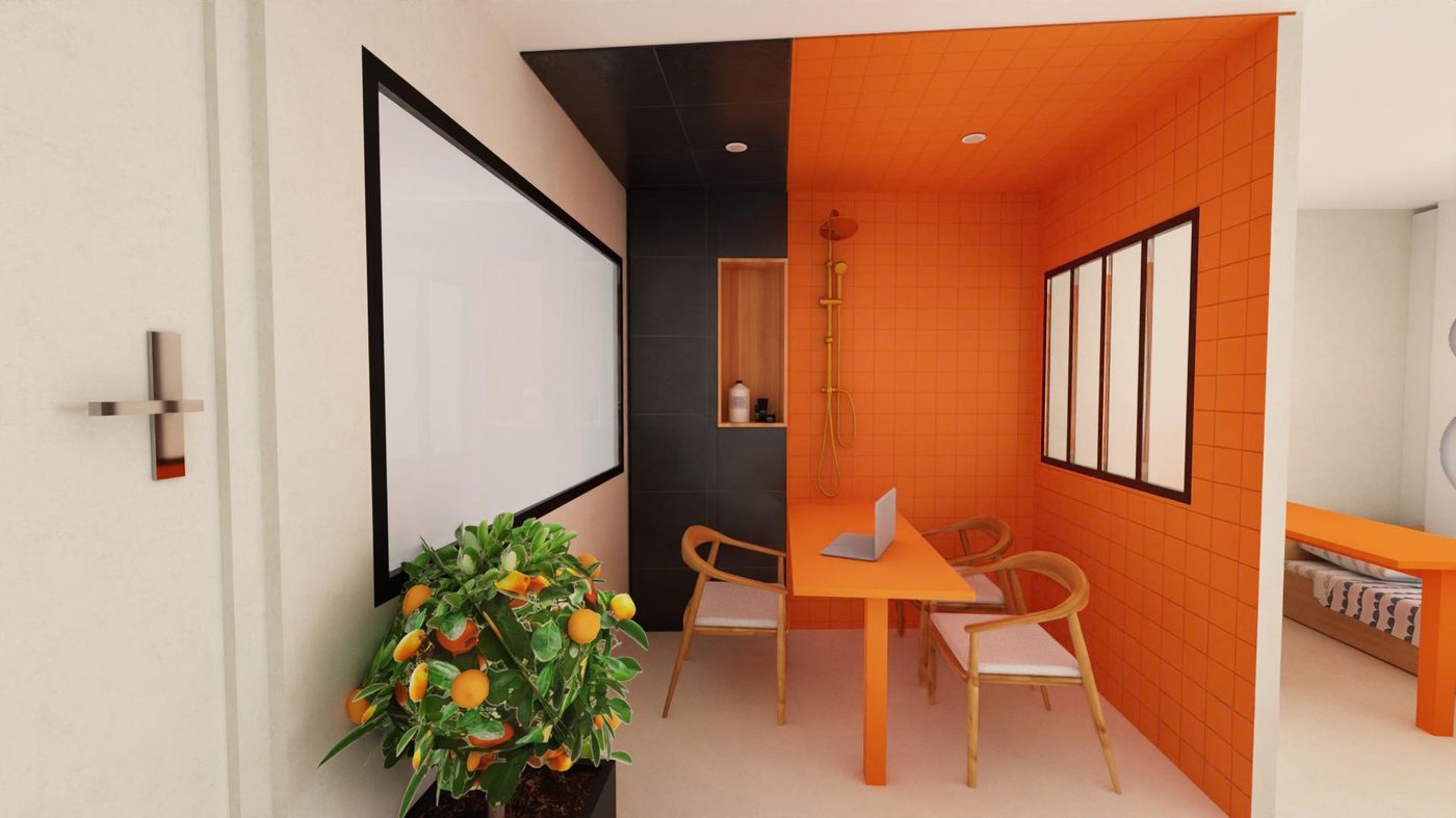 La salle d'eau, carrelage orange et douche dorée